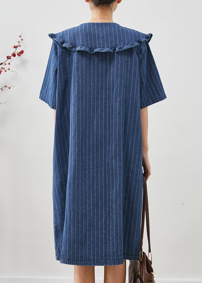 Navy Peter Pan Collar Striped Denim Mid Dress Summer