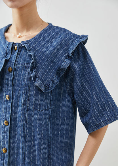 Navy Peter Pan Collar Striped Denim Mid Dress Summer
