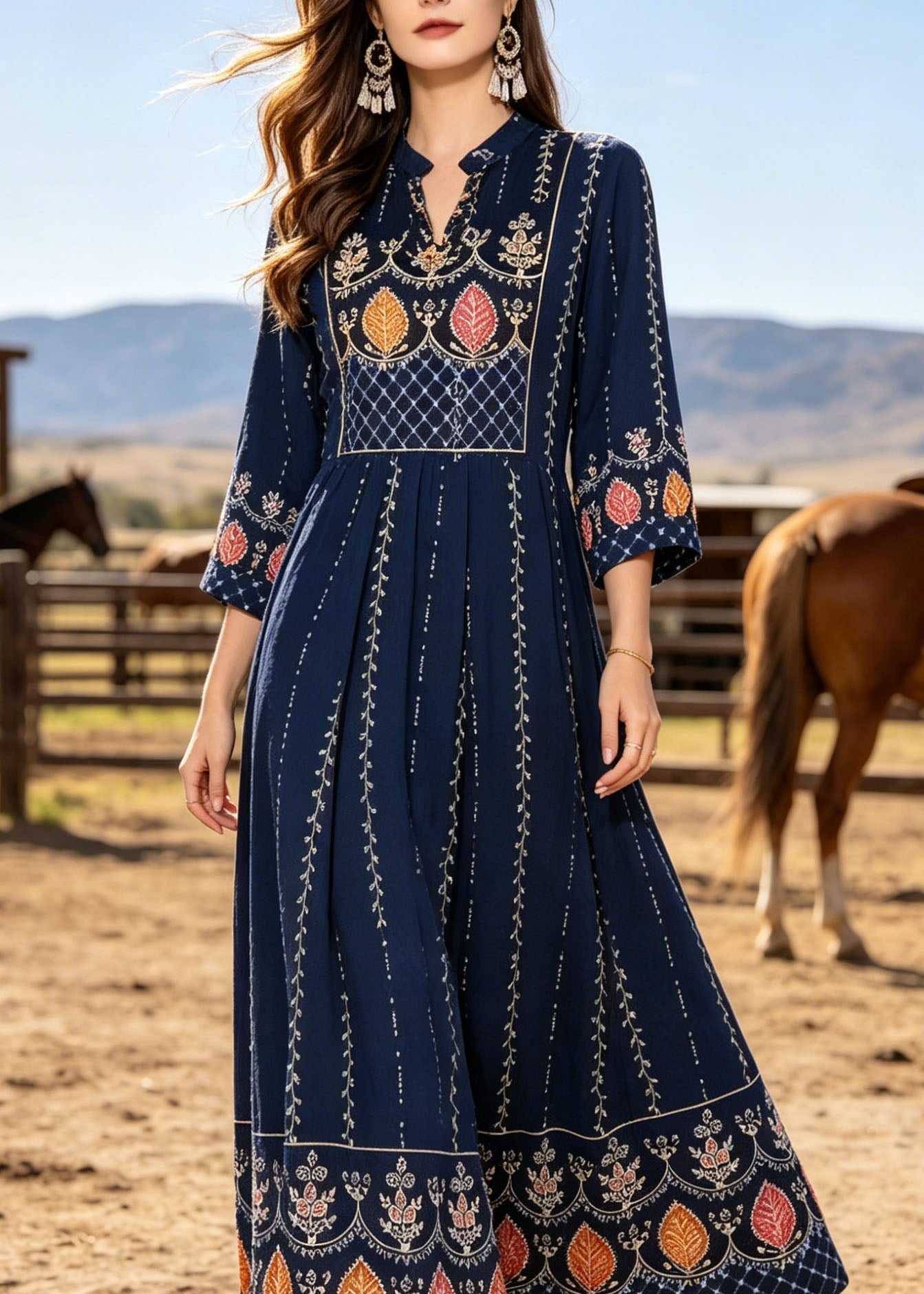 Navy V Neck Print Cotton Maxi Dresses Bracelet Sleeve