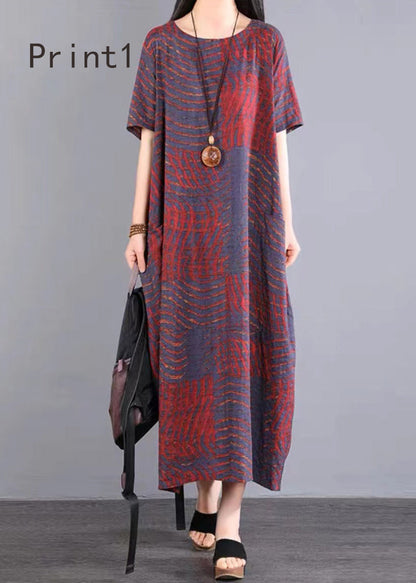 O Neck Print Patchwork Cotton Long Dresses Summer