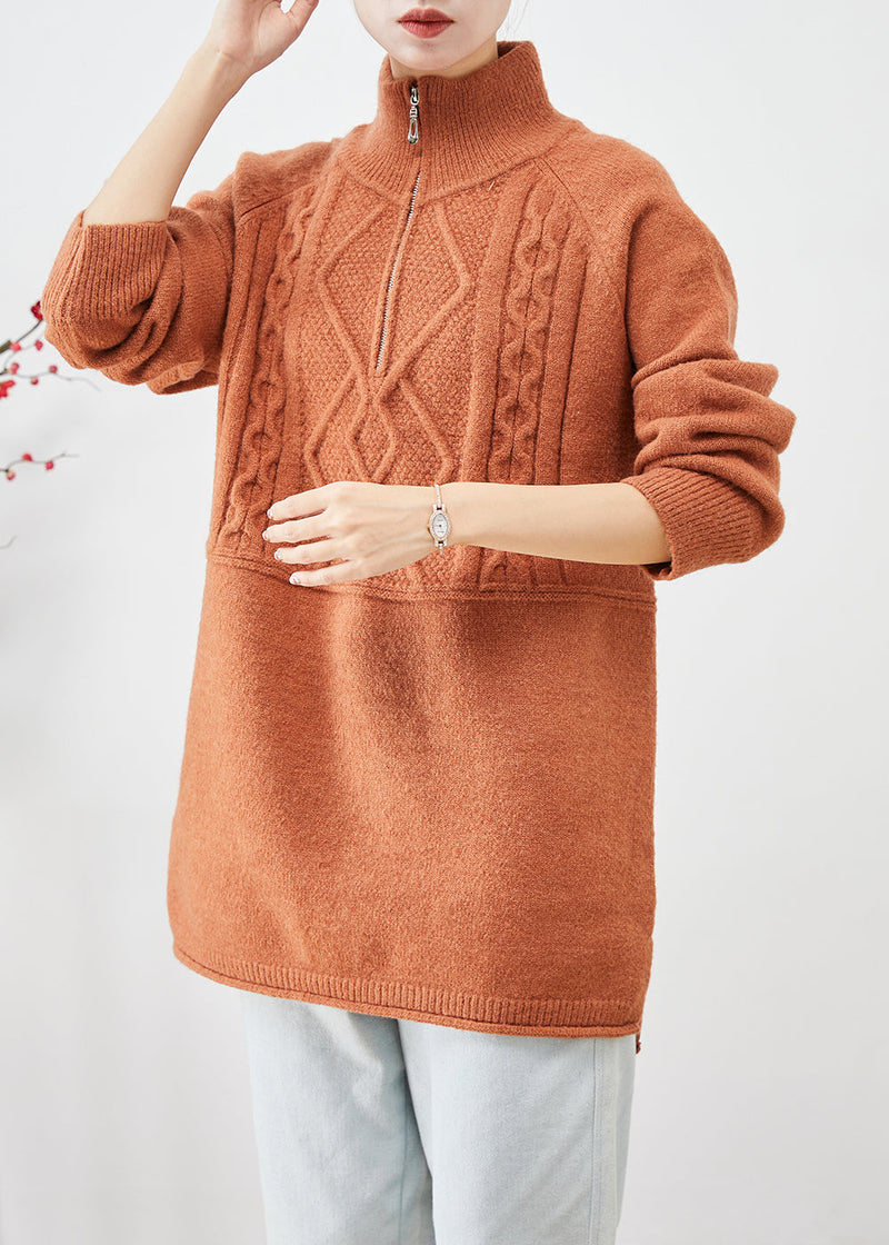 Orange High Neck Zip Up Thick Knit Sweater Tops Winter