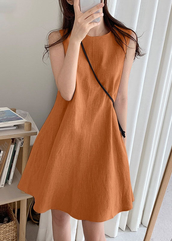 Orange O-neck Slim Fit Exra Large Hem Cotton Dresses Sleeveless