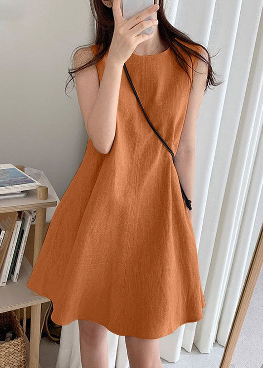 Orange O-neck Slim Fit Exra Large Hem Cotton Dresses Sleeveless