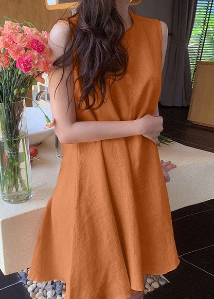 Orange O-neck Slim Fit Exra Large Hem Cotton Dresses Sleeveless