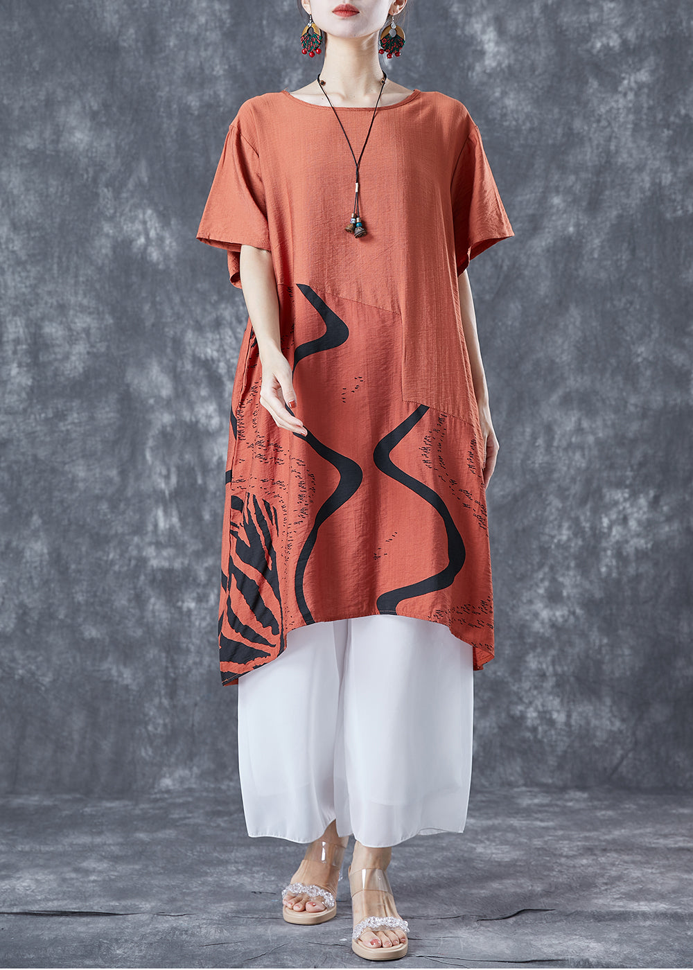 Orange Oversized Patchwork Cotton Dress Summer