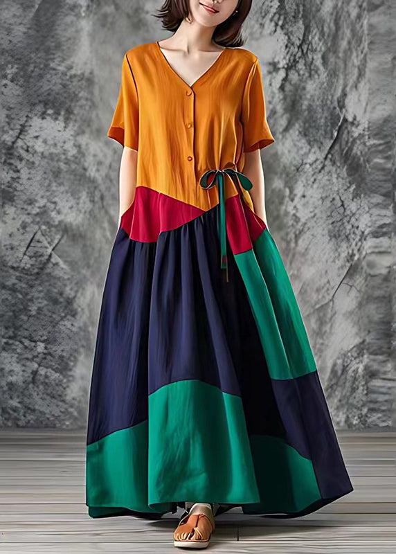 Orange Oversized Patchwork Cotton Maxi Dresses Summer
