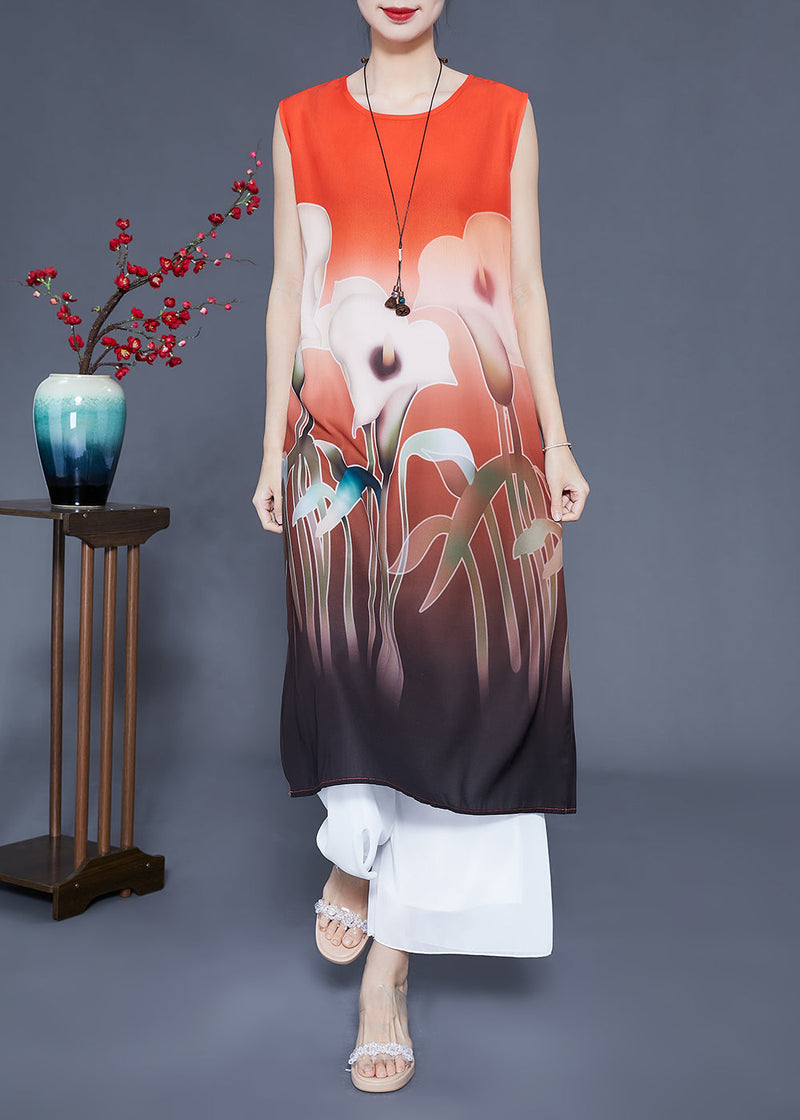 Orange Oversized Print Side Open Silk Two Pieces Set Summer