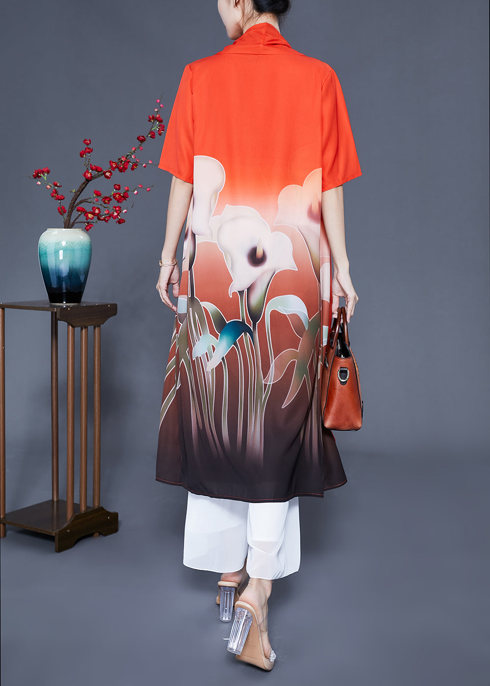 Orange Oversized Print Side Open Silk Two Pieces Set Summer