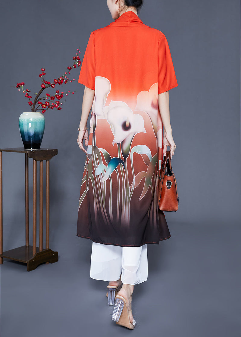Orange Oversized Print Side Open Silk Two Pieces Set Summer