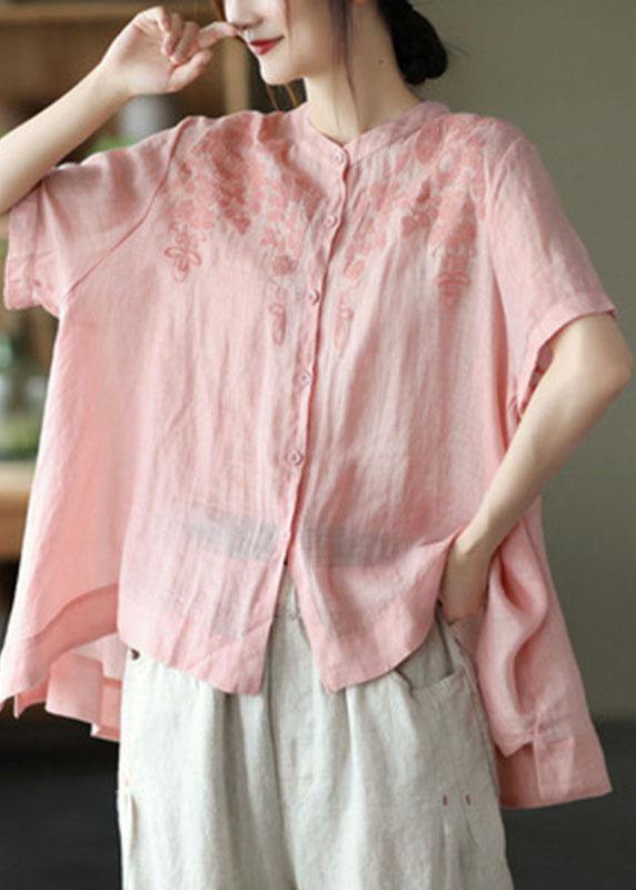 Black Geometry Summer Side Open Stand Collar Ramie Loose Short Sleeve