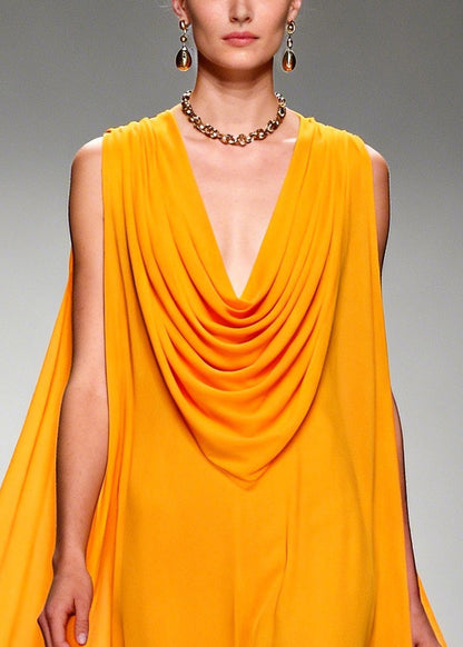 Orange Turtle Neck Exra Large Hem Chiffon Maxi Dress Summer