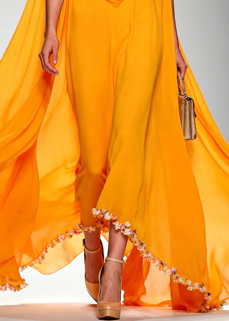 Orange Turtle Neck Exra Large Hem Chiffon Maxi Dress Summer