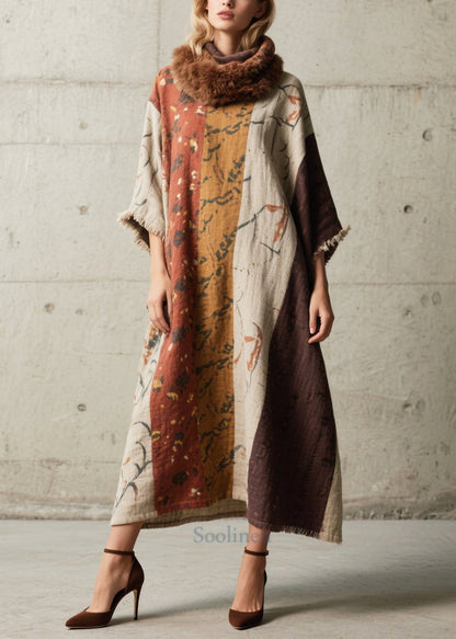 Oversized Print Cotton Long Dress Batwing Sleeve
