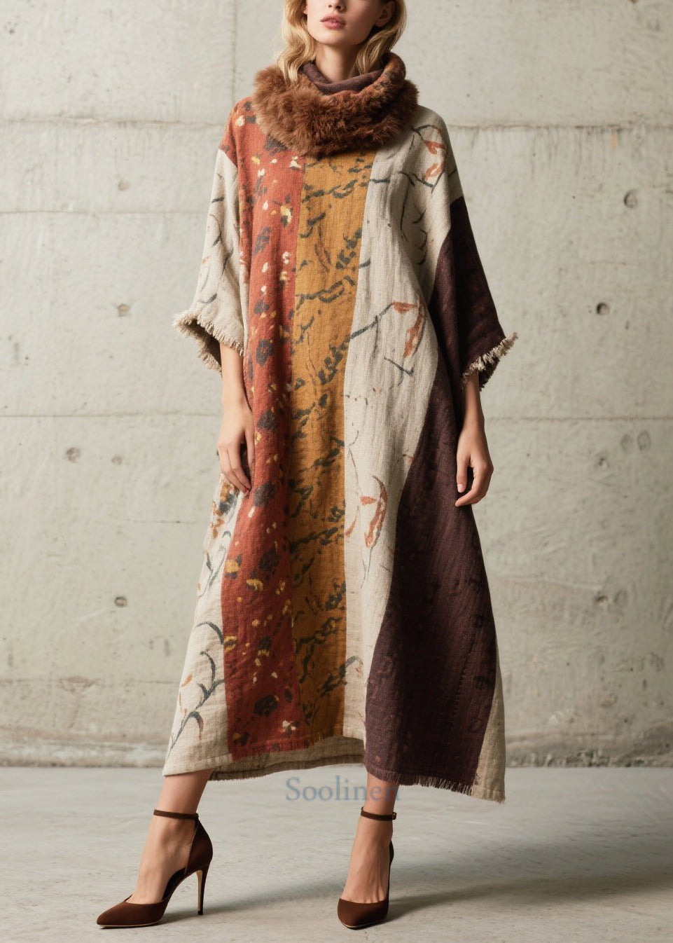 Oversized Print Cotton Long Dress Batwing Sleeve