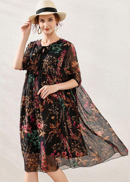 Pink Cinched Print Summer Chiffon Mid Dress Half Sleeve