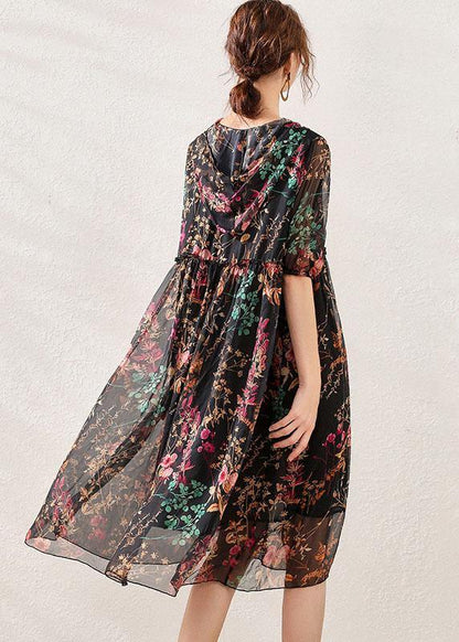 Pink Cinched Print Summer Chiffon Mid Dress Half Sleeve