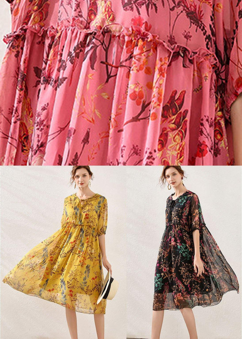 Pink Cinched Print Summer Chiffon Mid Dress Half Sleeve