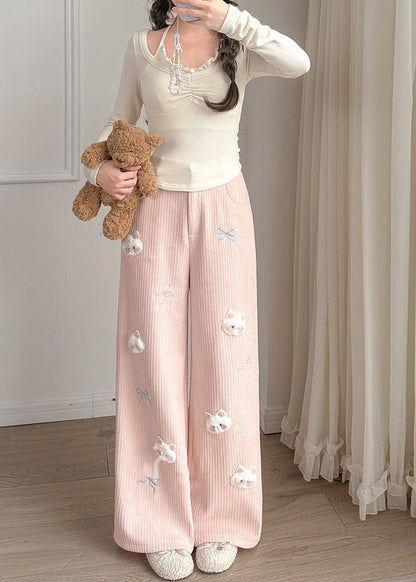 Pink Embroidered Cat Decorated Warm Fleece Pants Winter