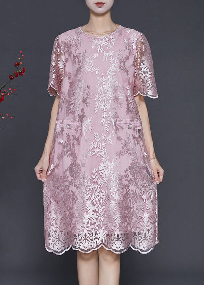Pink Embroidered Silk Tea Dress Summer
