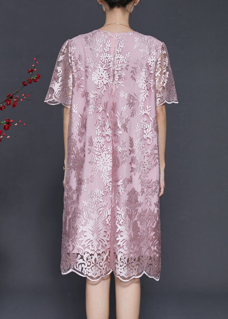 Pink Embroidered Silk Tea Dress Summer