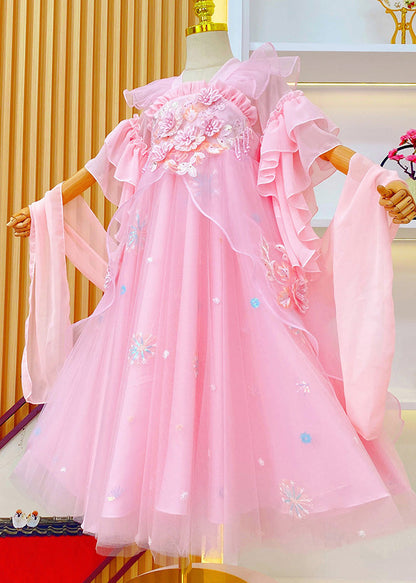 Pink Embroideried Ruffled Tulle Kids Long Dresses Summer