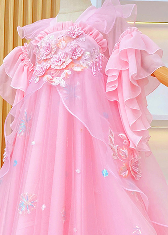 Pink Embroideried Ruffled Tulle Kids Long Dresses Summer
