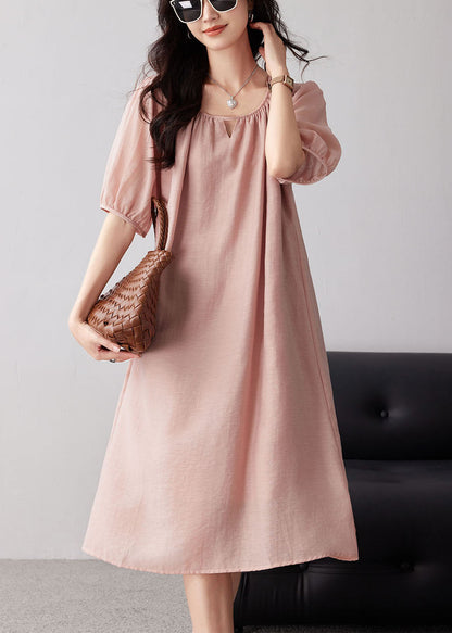 Pink O-neck Hollow Out Cotton Dresses Summer