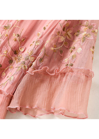 Pink O-neck Ruffled Print Silk Maxi Dresses Short Sleeve