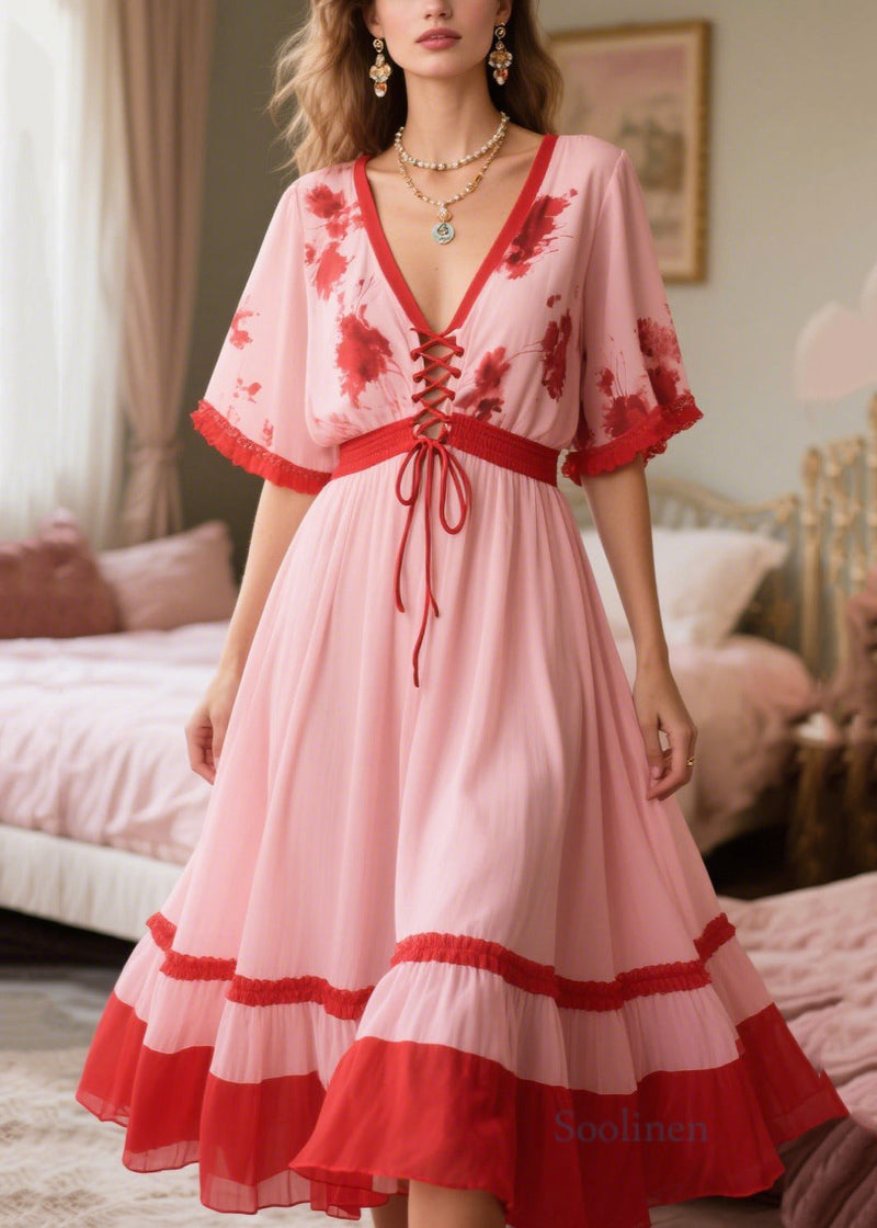 Pink Patchwork Cross Strap Chiffon Holiday Dress Summer