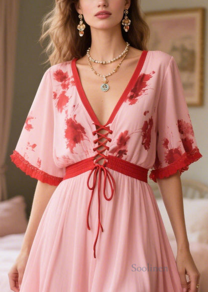 Pink Patchwork Cross Strap Chiffon Holiday Dress Summer