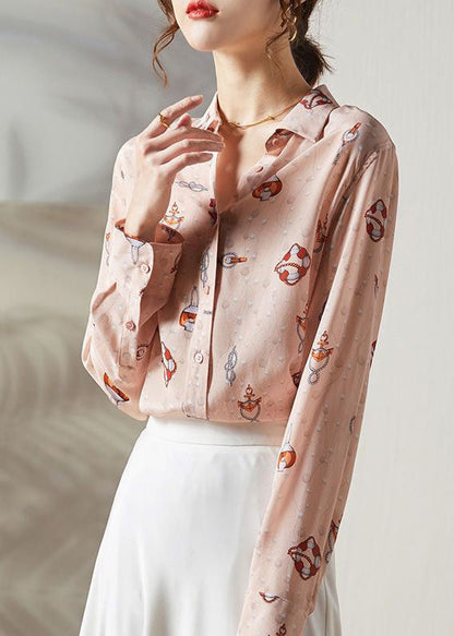 Pink Peter Pan Collar Print Silk Blouses Spring