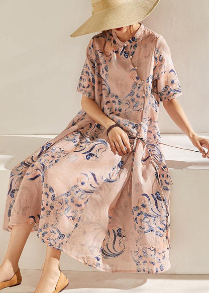 Pink Print Tie Waist Patchwork Summer Ramie Long Dress Short Sleeve