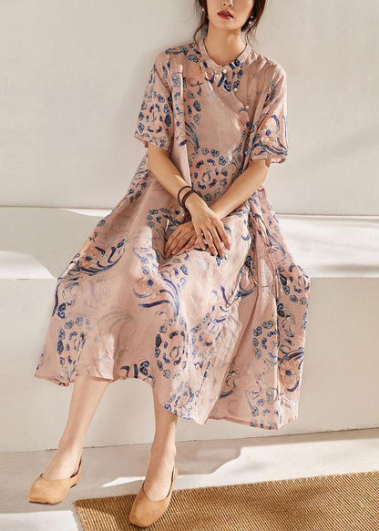 Pink Print Tie Waist Patchwork Summer Ramie Long Dress Short Sleeve