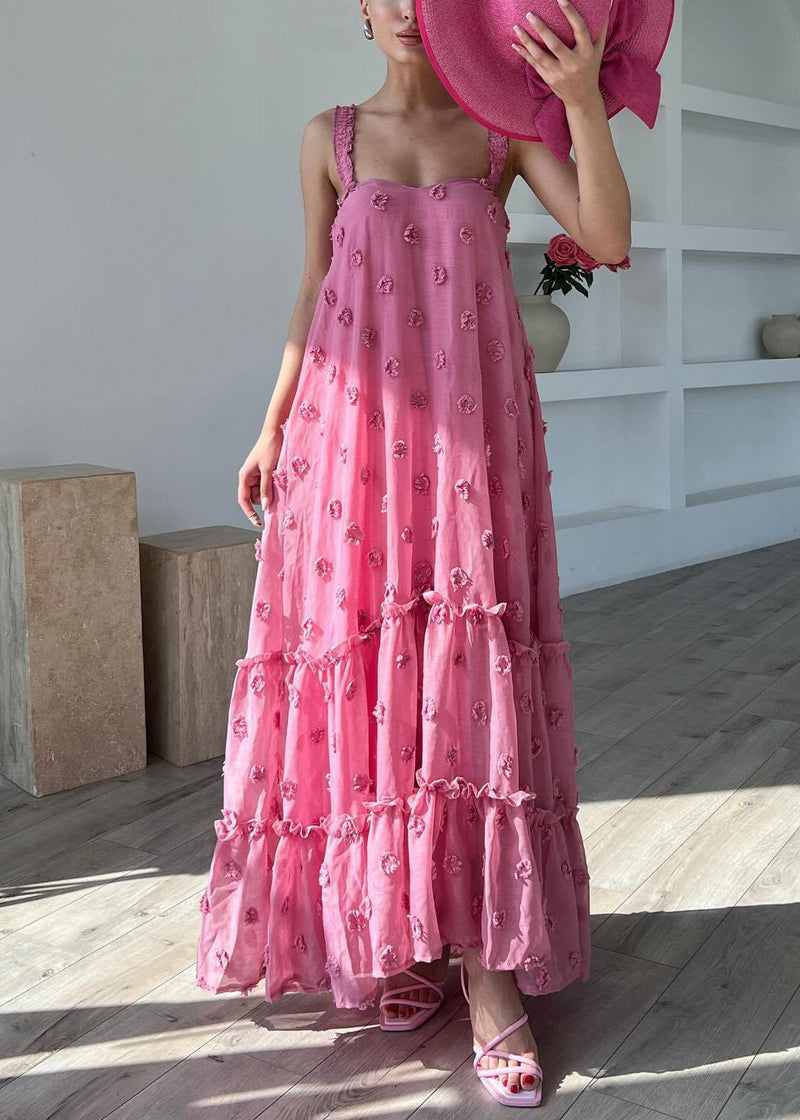 Pink Ruffled Cotton Spaghetti Strap Dress Sleeveless