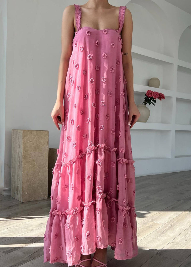 Pink Ruffled Cotton Spaghetti Strap Dress Sleeveless