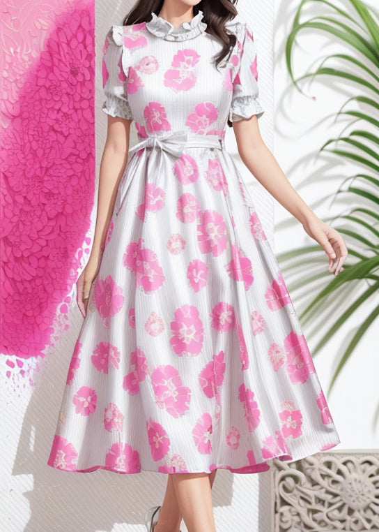 Pink Ruffled Tie Waist Silk Long Dresses Summer