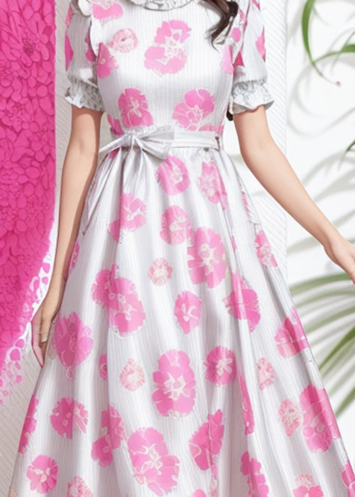 Pink Ruffled Tie Waist Silk Long Dresses Summer