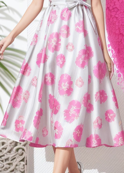 Pink Ruffled Tie Waist Silk Long Dresses Summer