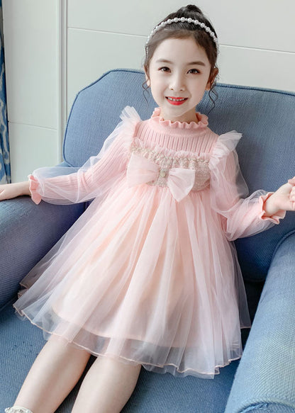 Pink Stand Collar Bow Knit Patchwork Tulle Vacation Maxi Dresses Fall