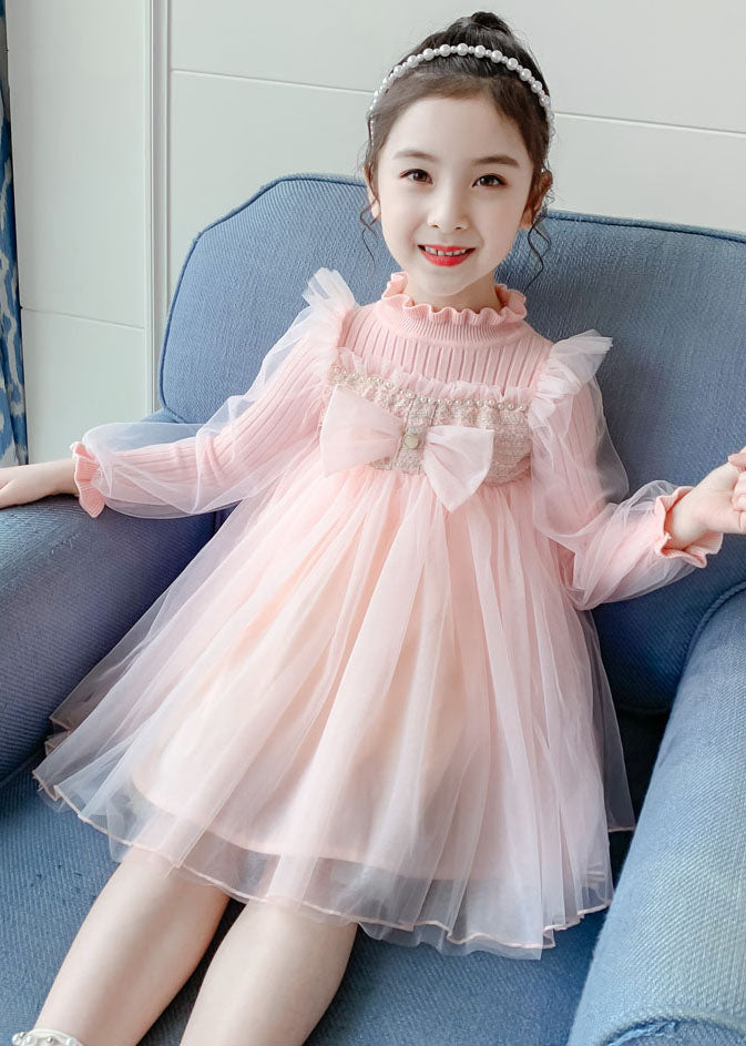 Pink Stand Collar Bow Knit Patchwork Tulle Vacation Maxi Dresses Fall