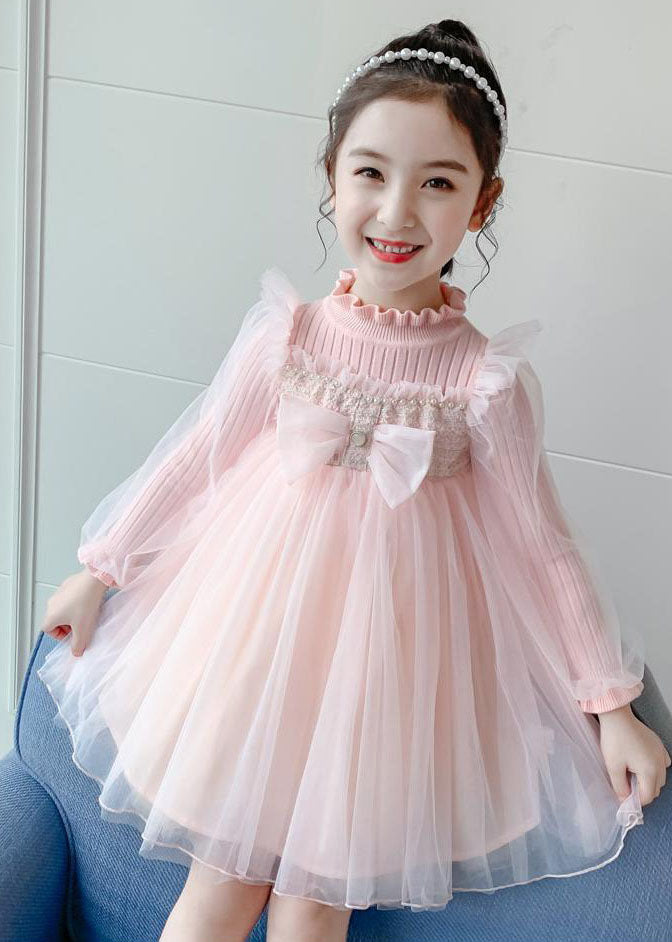 Pink Stand Collar Bow Knit Patchwork Tulle Vacation Maxi Dresses Fall