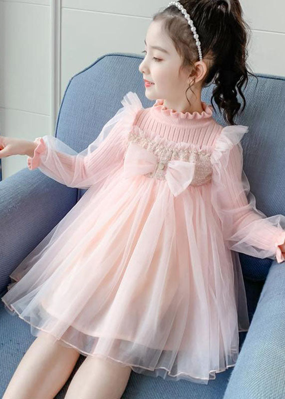 Pink Stand Collar Bow Knit Patchwork Tulle Vacation Maxi Dresses Fall