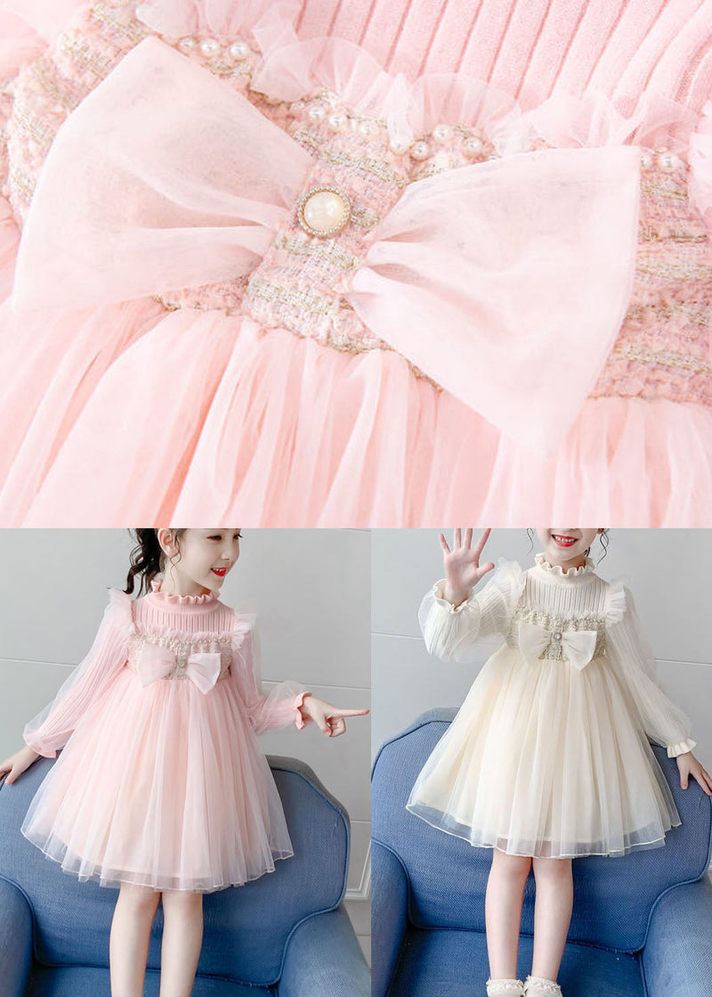 Pink Stand Collar Bow Knit Patchwork Tulle Vacation Maxi Dresses Fall