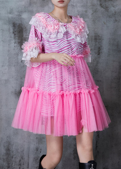 Pink Striped Patchwork Tulle Mini Dress Summer