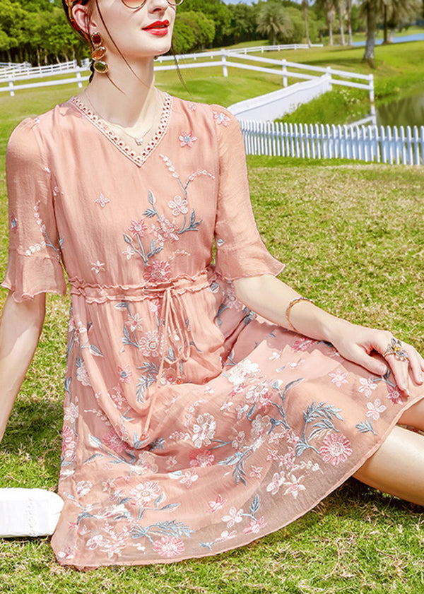 Pink V Neck Embroideried Silk Long Dresses Short Sleeve