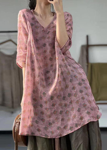 Pink V Neck Print Patchwork Linen Mid Dress Summer