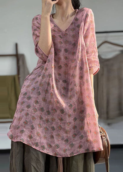 Pink V Neck Print Patchwork Linen Mid Dress Summer