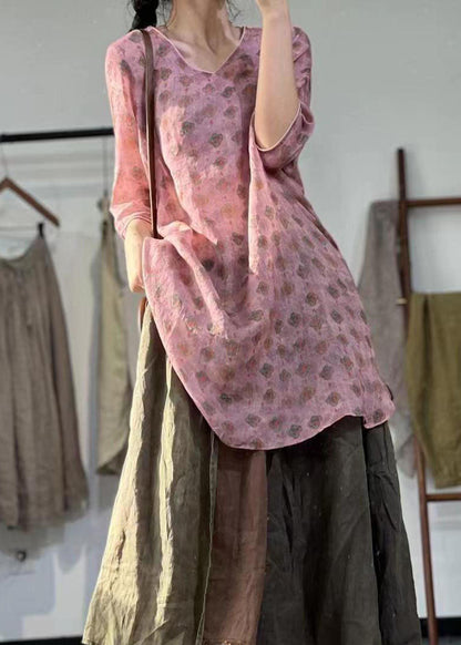 Pink V Neck Print Patchwork Linen Mid Dress Summer
