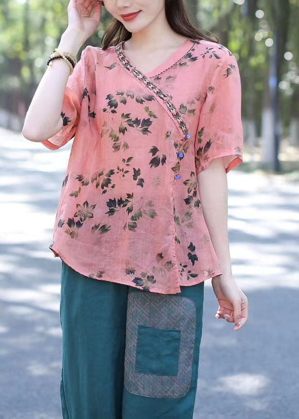 Pink V Neck Print Patchwork Linen Shirt Top Summer
