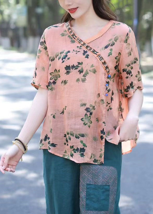Pink V Neck Print Patchwork Linen Shirt Top Summer